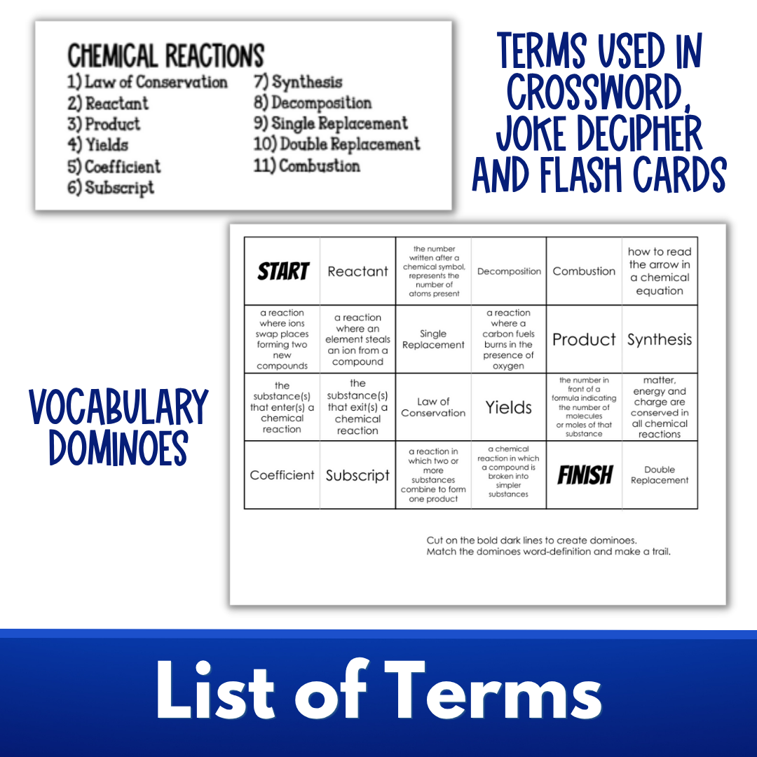 Chemical Reactions Vocabulary Activity Bundle: Crossword, Joke Puzzle and more