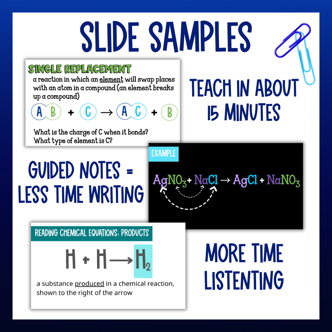 Chemical Reactions and Equations Guided Notes Unit Bundle with Worksheets & Test