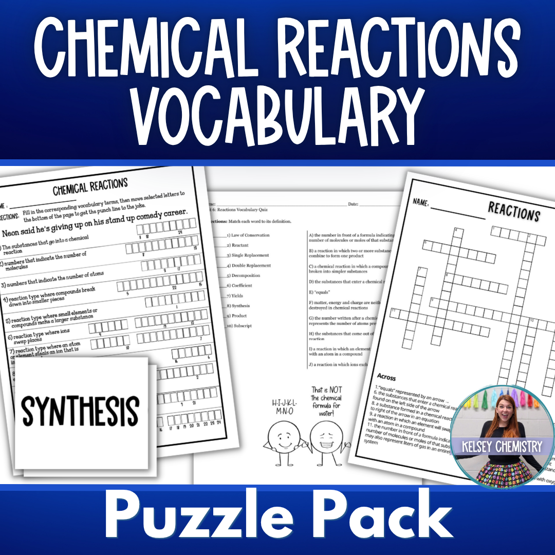Chemical Reactions Vocabulary Activity Bundle: Crossword, Joke Puzzle and more