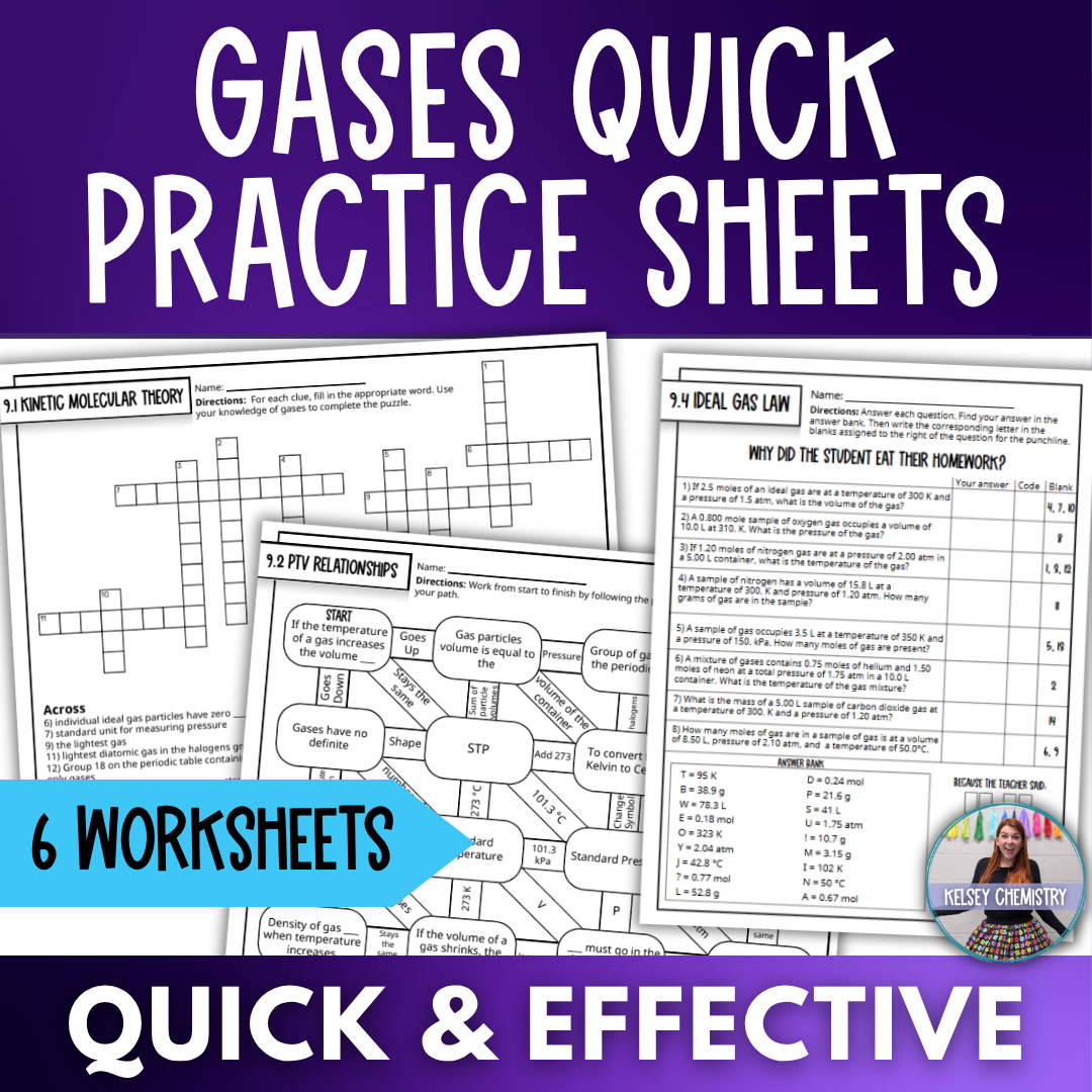Chemistry of Gases Quick Practice Worksheets, Homework, Classwork