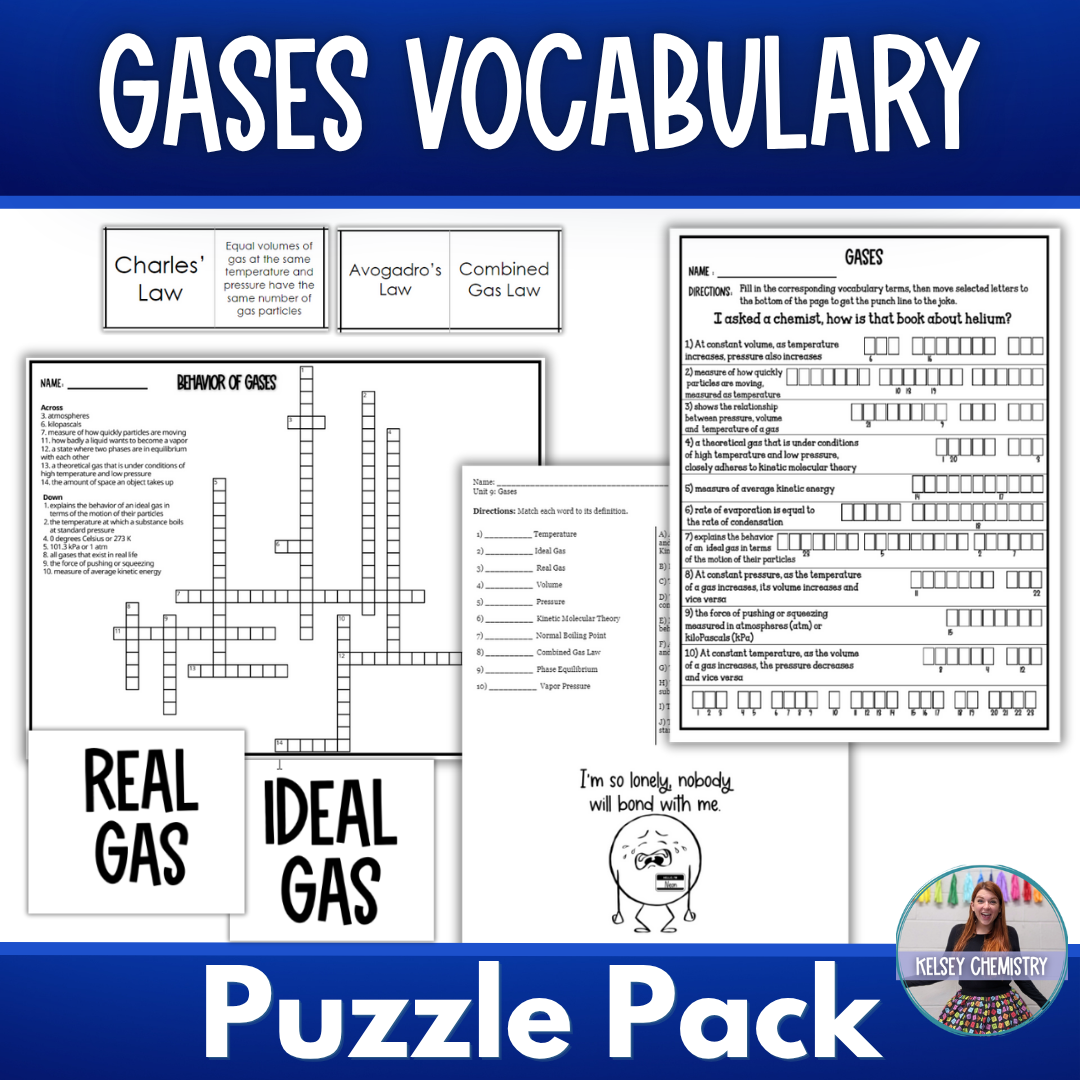 Gases vocabulary puzzle pack with crossword, matching, and fill-in-the-blank activities on a white background.
