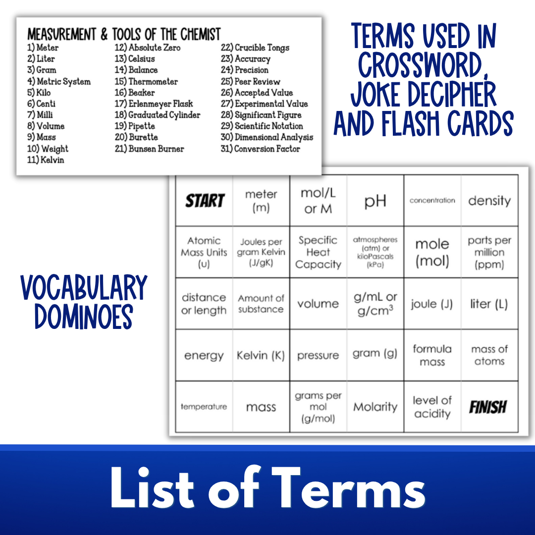Chemistry Vocabulary Activity - Units, Measurement and Tools, Crossword, Puzzle