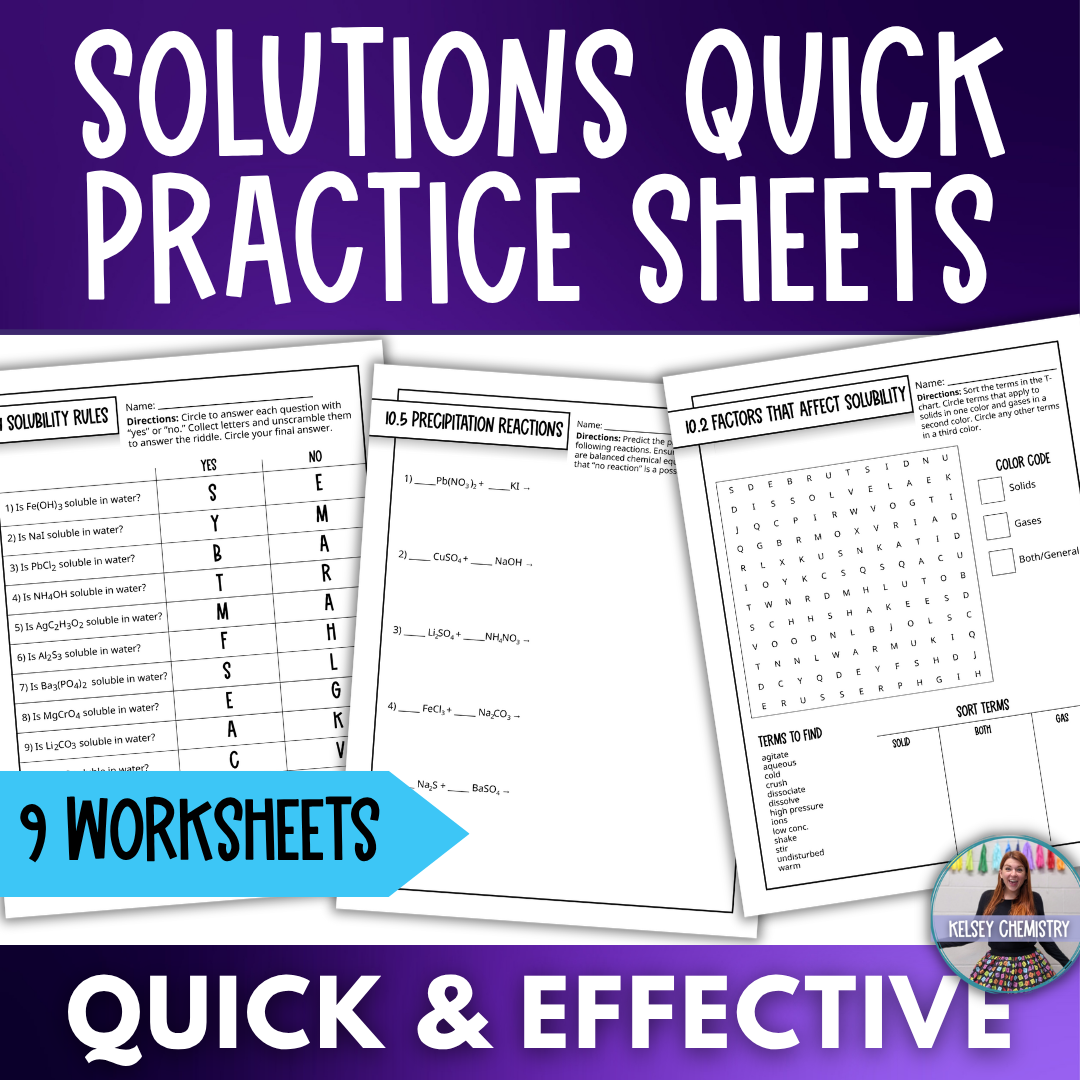 Chemistry of Solutions Quick Practice Worksheets, Homework, Classwork