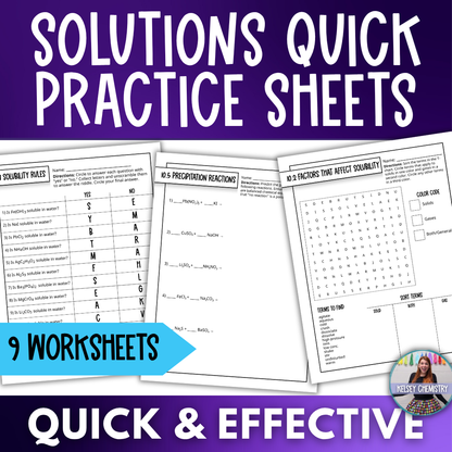Chemistry of Solutions Quick Practice Worksheets, Homework, Classwork