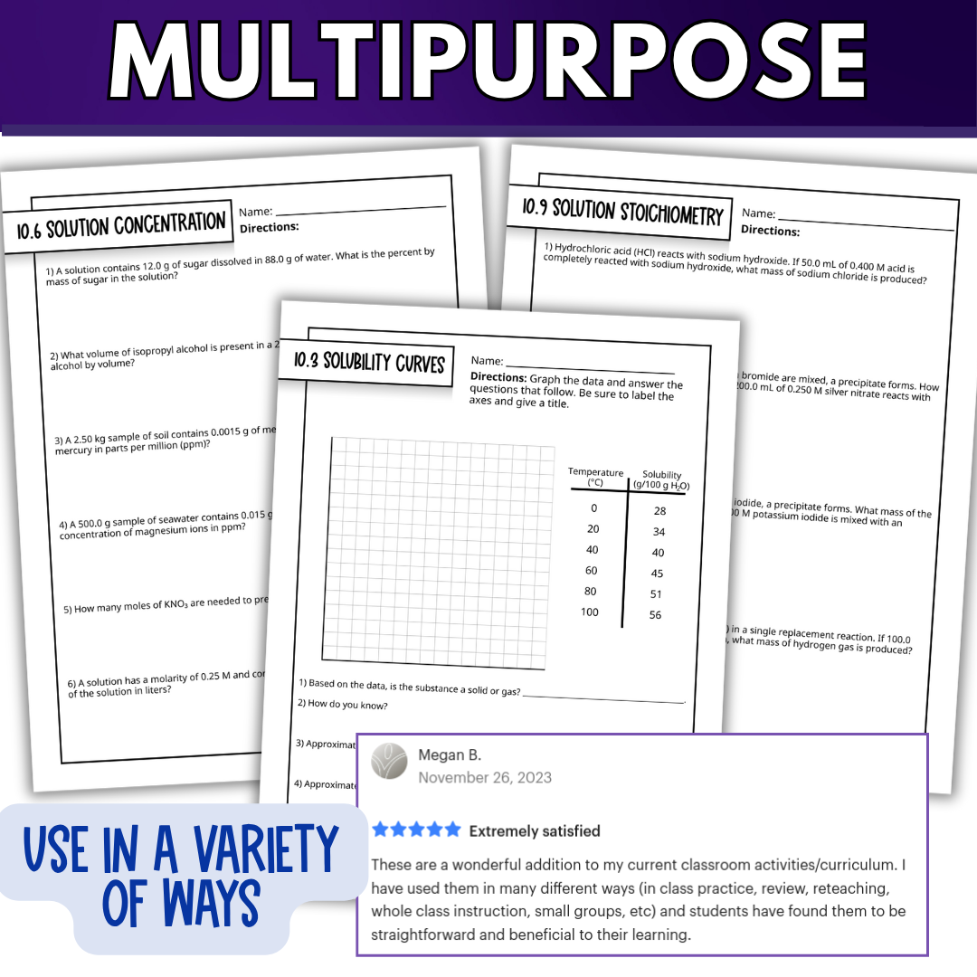 Chemistry of Solutions Quick Practice Worksheets, Homework, Classwork