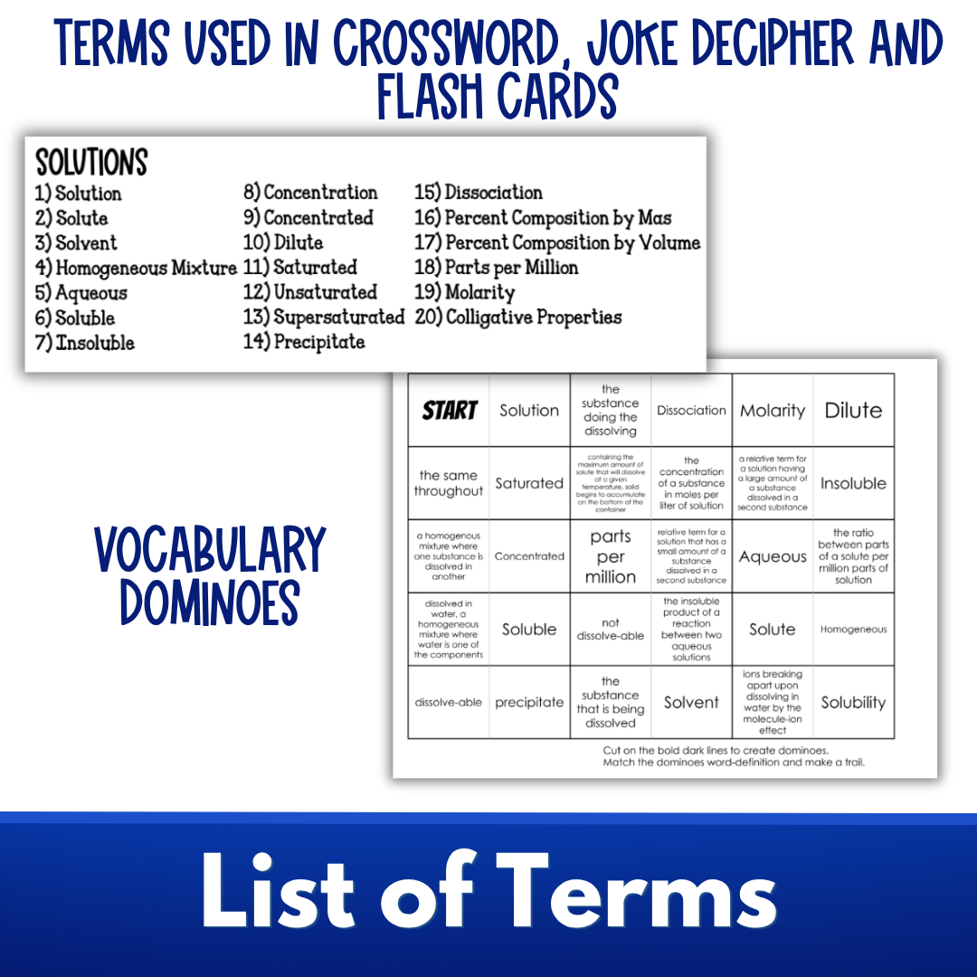 Solutions Chemistry Vocabulary Review: Crossword, Puzzle, Flash Cards, Quiz
