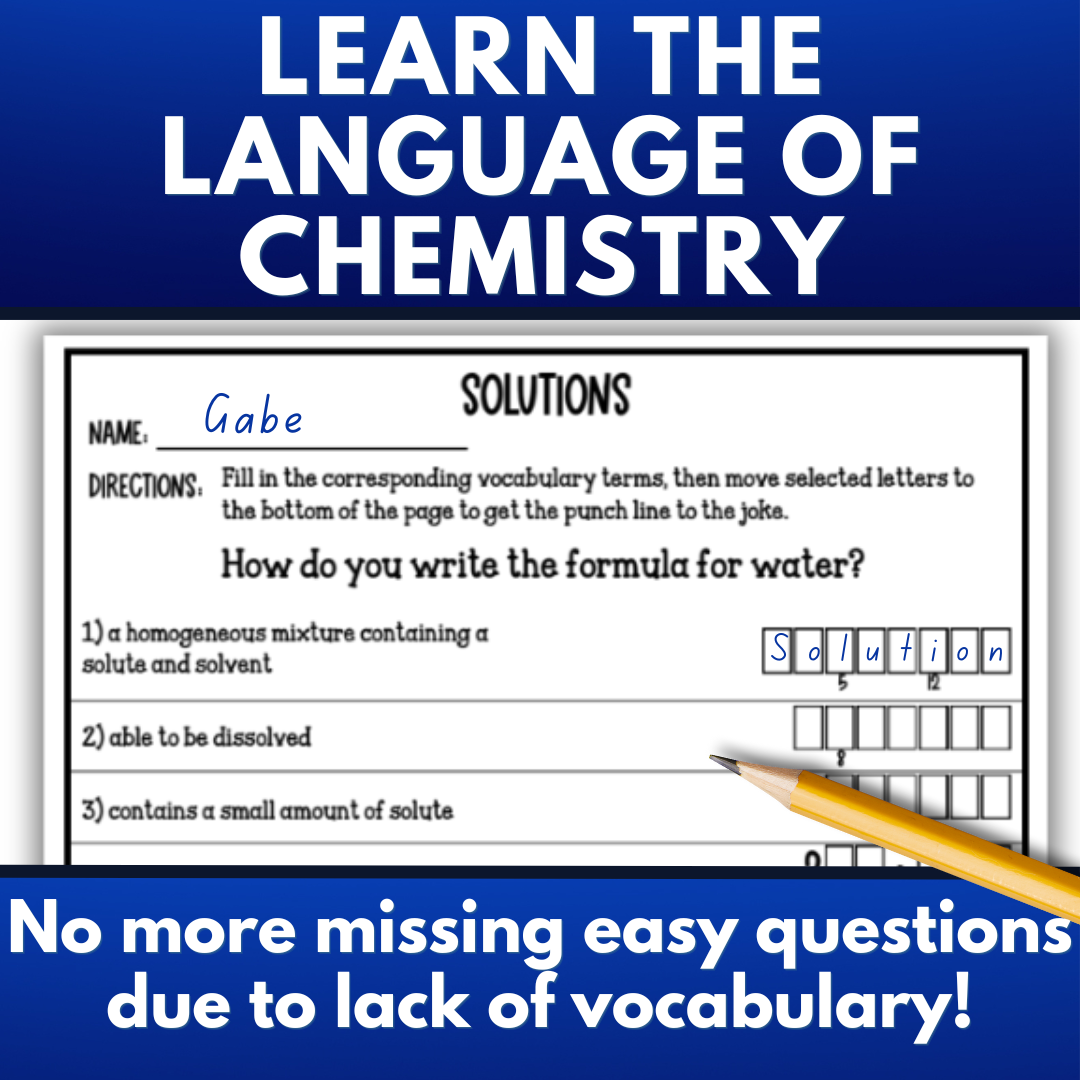 Chemistry of Solutions Guided Notes Unit with Worksheets, Tests and Vocabulary