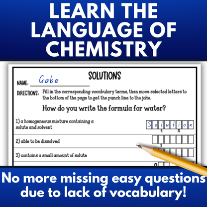 Chemistry of Solutions Guided Notes Unit with Worksheets, Tests and Vocabulary