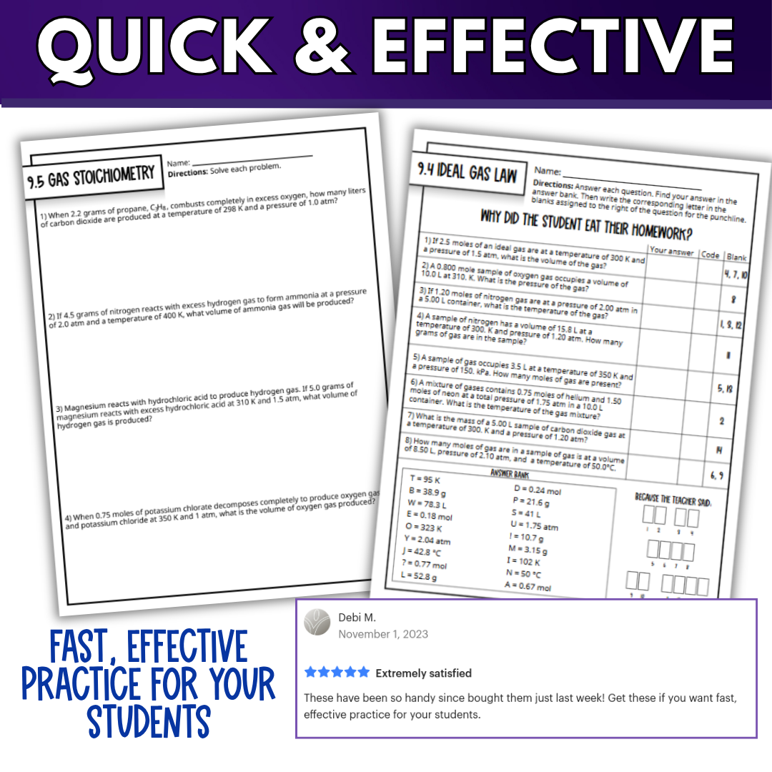 Chemistry of Gases Quick Practice Worksheets, Homework, Classwork