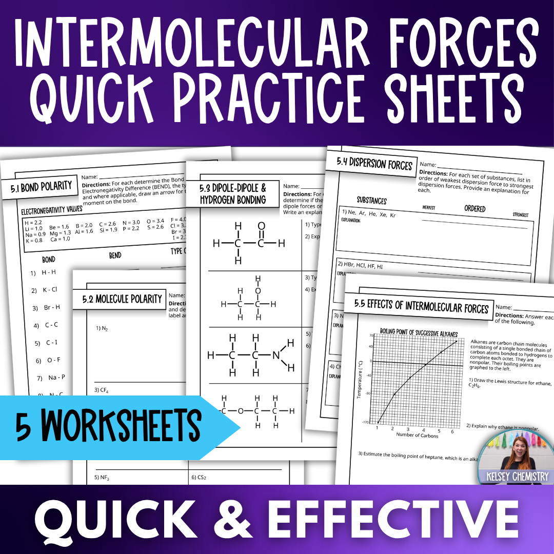 Intermolecular Forces Quick Practice Worksheets, Homework, Classwork, Review