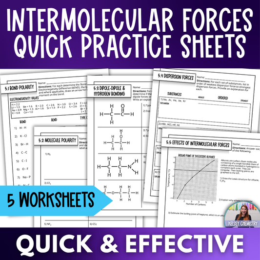 Intermolecular Forces Quick Practice Worksheets, Homework, Classwork, Review