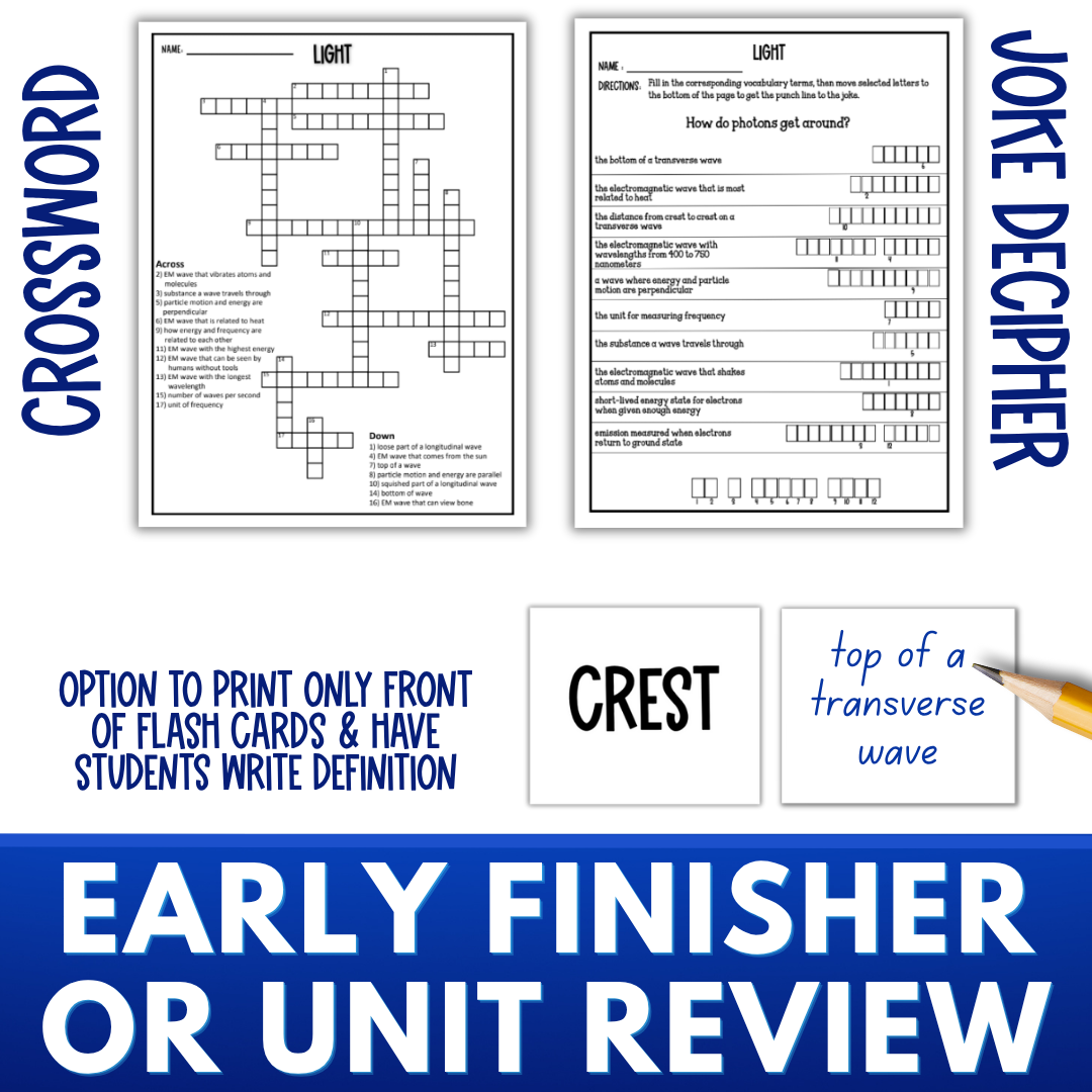 Chemistry of Light Vocabulary Activity Pack, Crossword, Flash Cards, Quiz