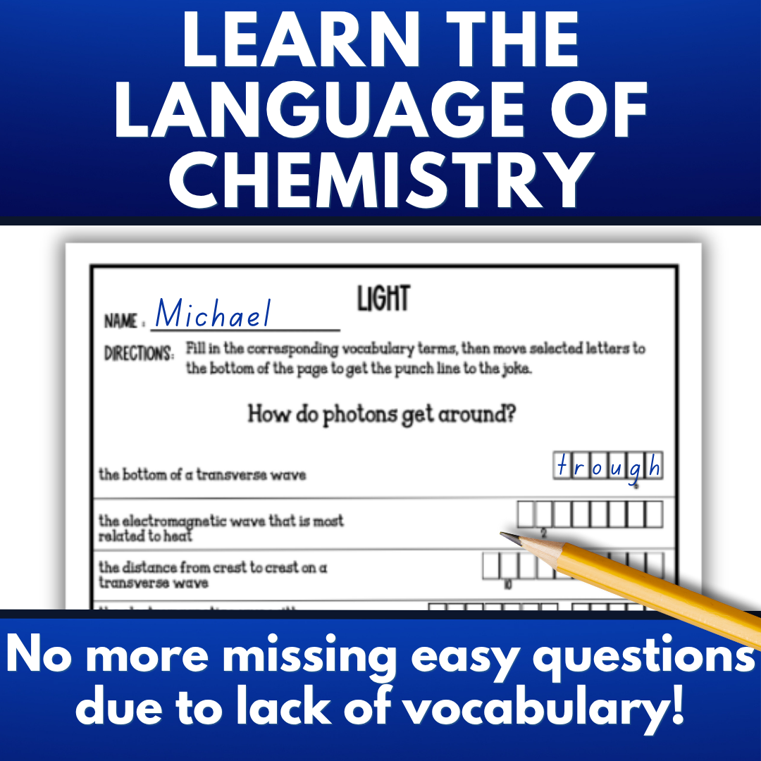 Chemistry of Light Vocabulary Activity Pack, Crossword, Flash Cards, Quiz
