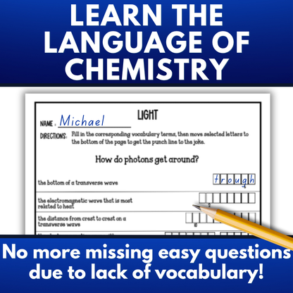 Chemistry of Light Vocabulary Activity Pack, Crossword, Flash Cards, Quiz
