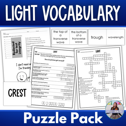 Chemistry of Light Vocabulary Activity Pack, Crossword, Flash Cards, Quiz