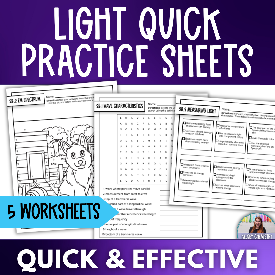 Light Waves Quick Practice Worksheets, Chemistry Homework or Classwork