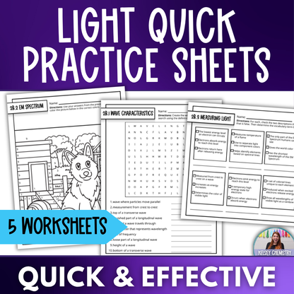 Light Waves Quick Practice Worksheets, Chemistry Homework or Classwork