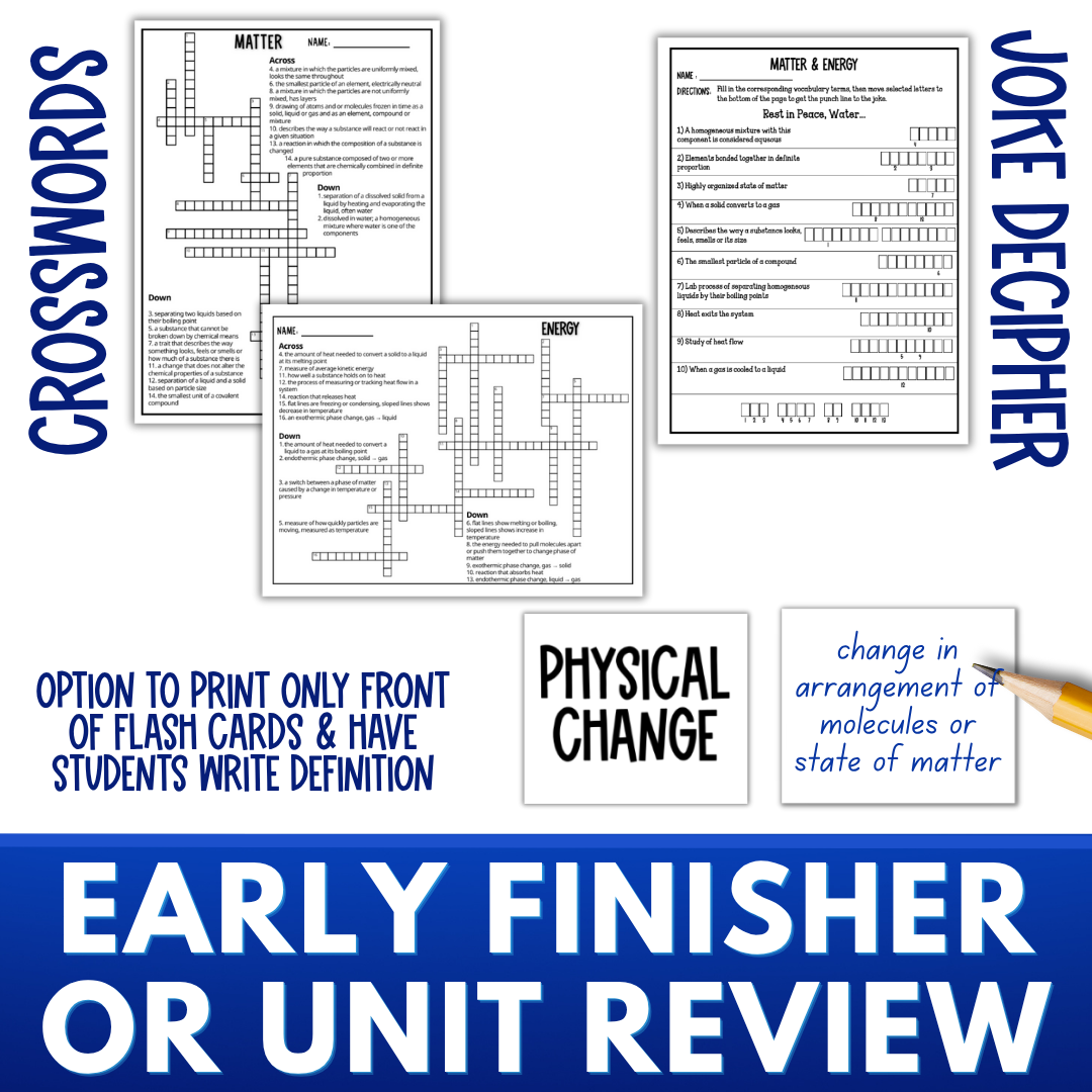 Matter and Energy Chemistry Vocabulary Activities Crossword, Puzzle, Quizzes