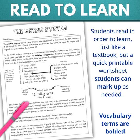 Metric System Read & Learn Reading Comprehension Sub Plans for Chemistry