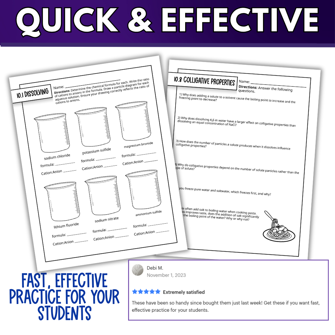 Chemistry of Solutions Quick Practice Worksheets, Homework, Classwork