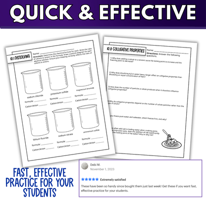 Chemistry of Solutions Quick Practice Worksheets, Homework, Classwork