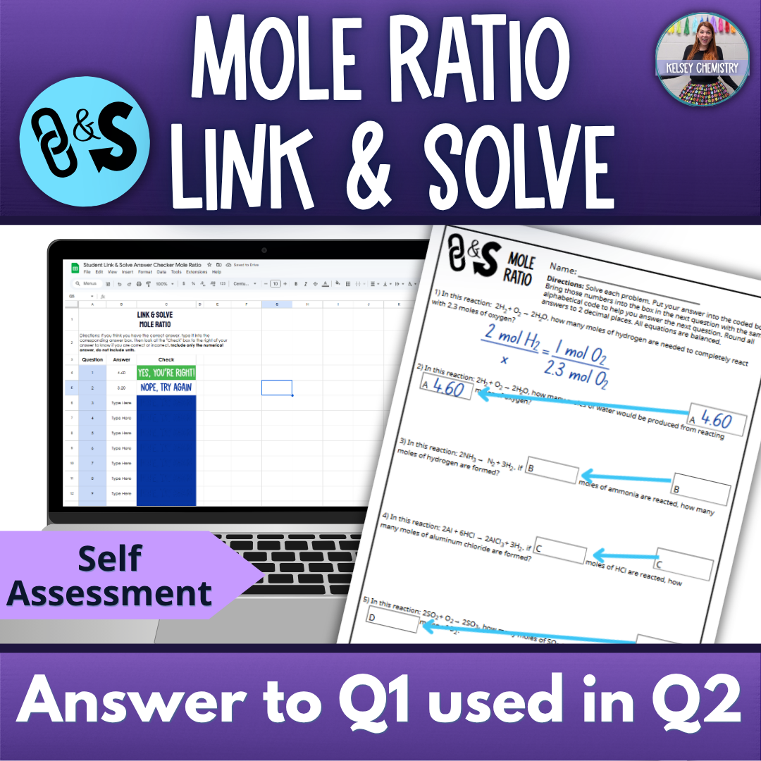 Self Checking Mole Ratio Problem Solving Worksheet Link & Solve