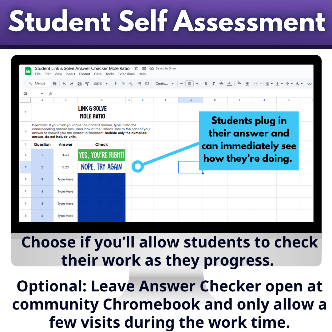 Self Checking Mole Ratio Problem Solving Worksheet Link & Solve