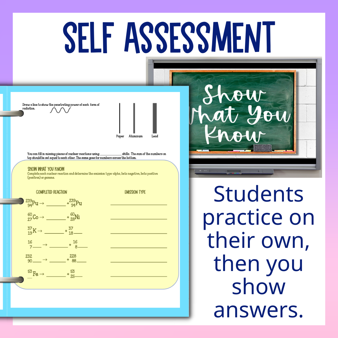 Nuclear Chemistry Unit Guided Notes Bundle with Tests and Practice Worksheets