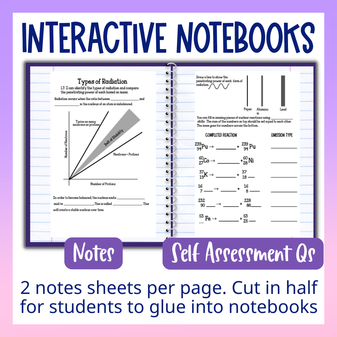 Nuclear Chemistry Unit Guided Notes Bundle with Tests and Practice Worksheets