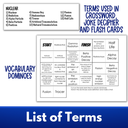 Nuclear Chemistry Vocabulary Review Games, Puzzles, Crossword, Flash Cards
