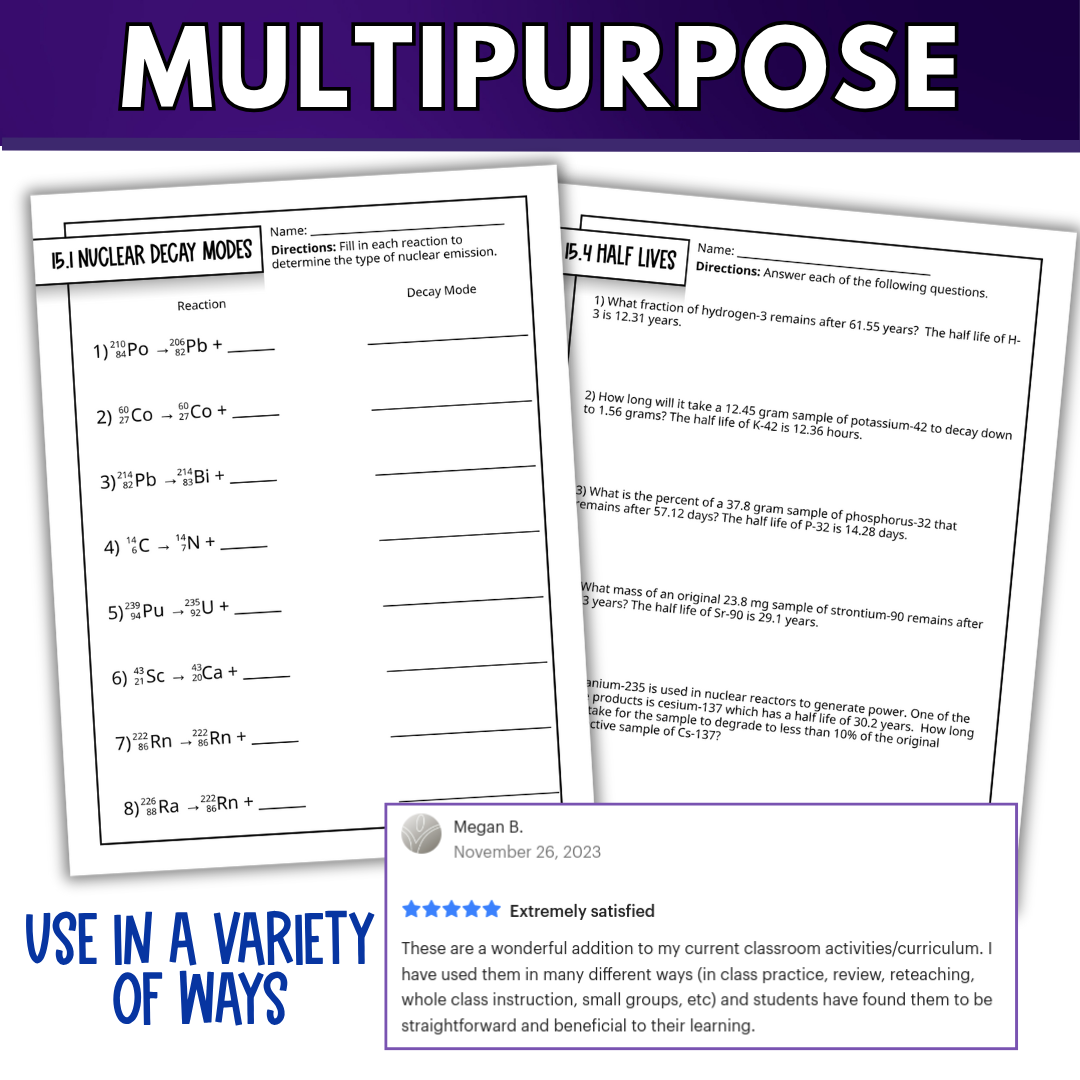 Nuclear Chemistry Quick Practice Worksheets, Homework, Classwork