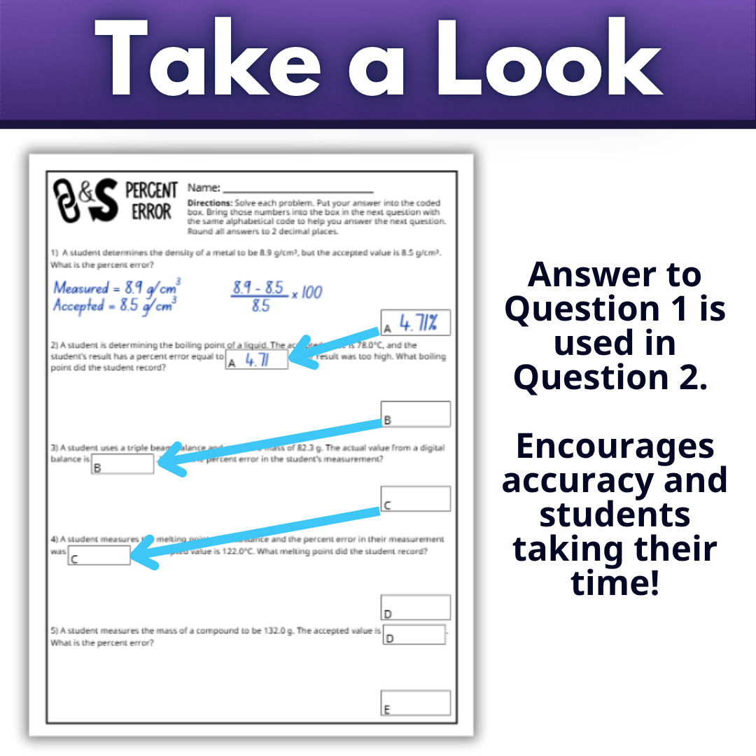 Self Checking Percent Error Problem Solving Worksheet Link & Solve
