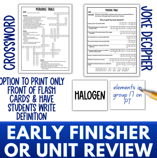 Periodic Table Vocabulary Review Activity Bundle, Crossword, Flash Cards, Quiz