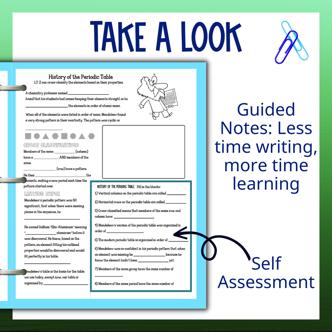 Periodic Table Guided Notes Unit, Practice Worksheets Test Vocabulary Activities