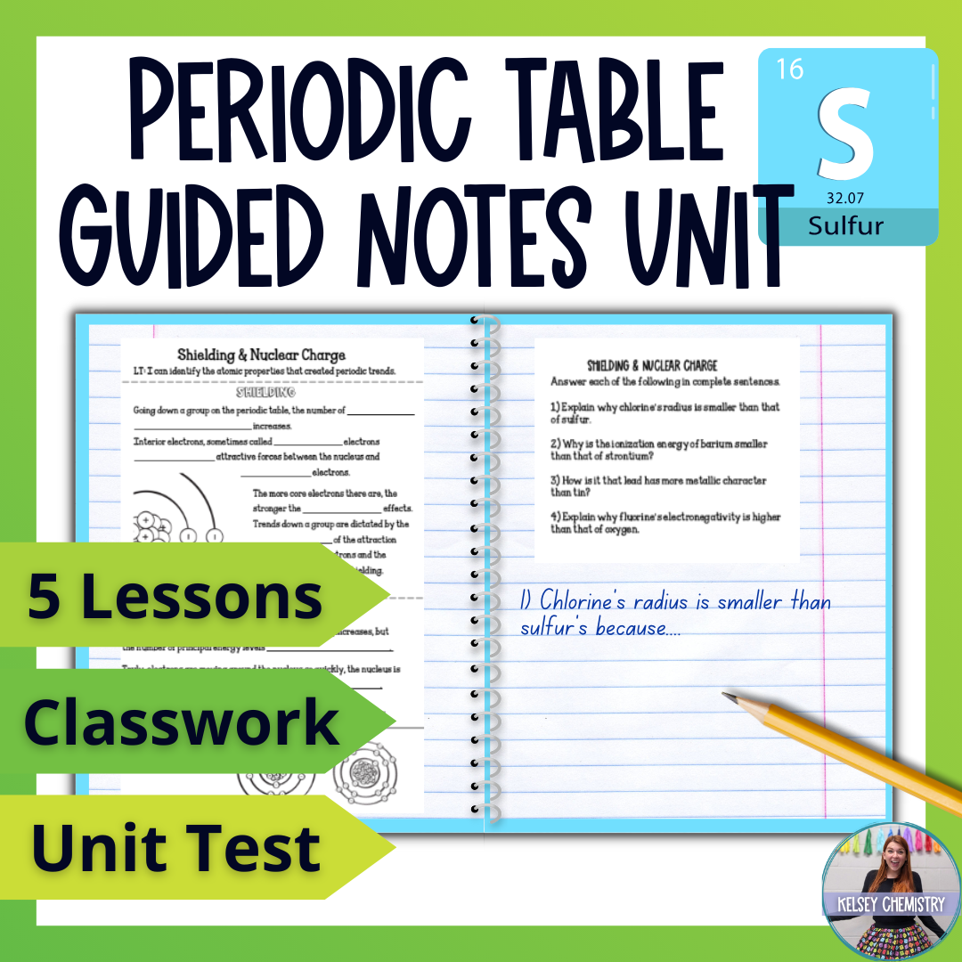 Periodic Table Guided Notes Unit, Practice Worksheets Test Vocabulary Activities