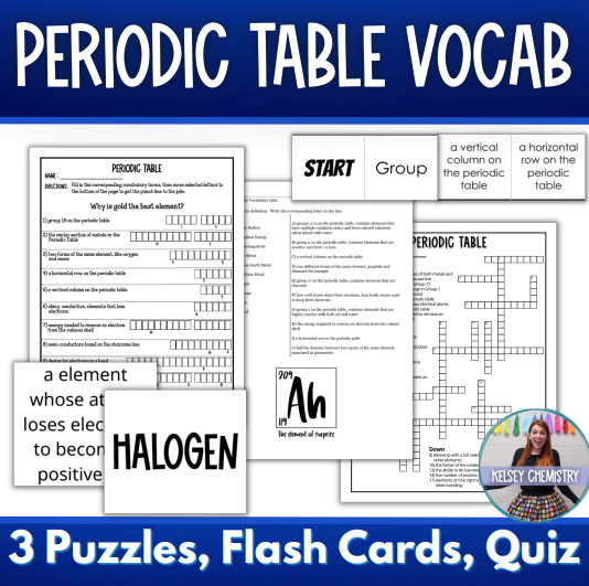 Periodic Table Vocabulary Review Activity Bundle, Crossword, Flash Cards, Quiz