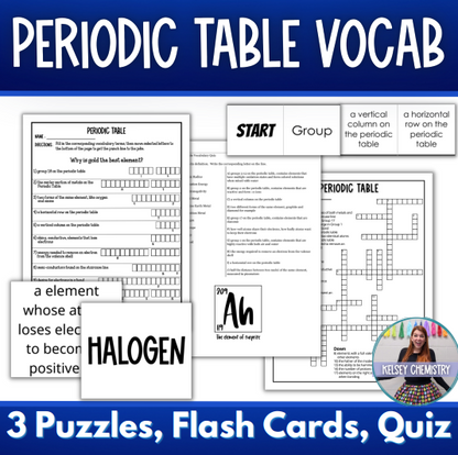 Periodic Table Vocabulary Review Activity Bundle, Crossword, Flash Cards, Quiz