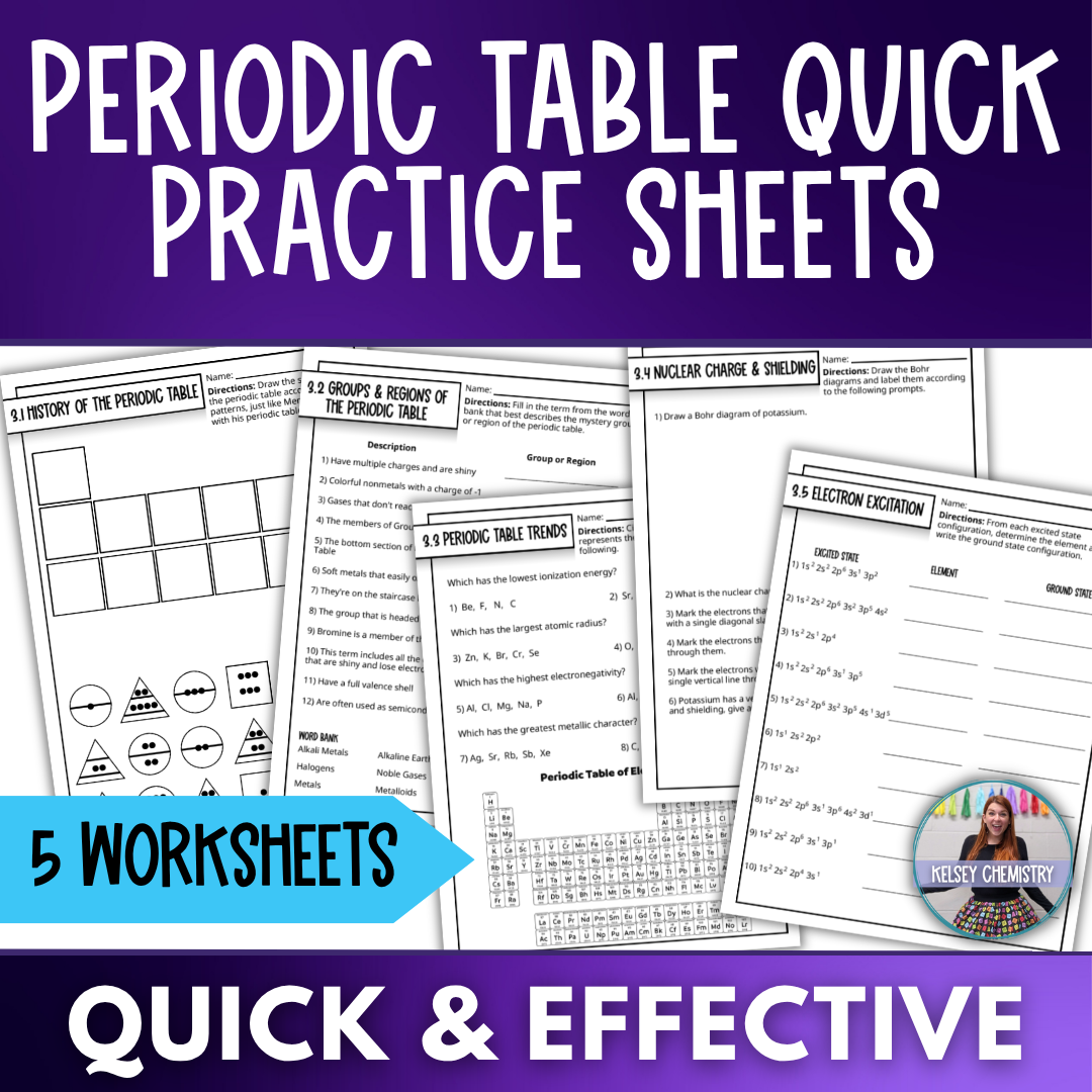 Periodic Table Quick Practice Worksheets, Review, Homework, Classwork