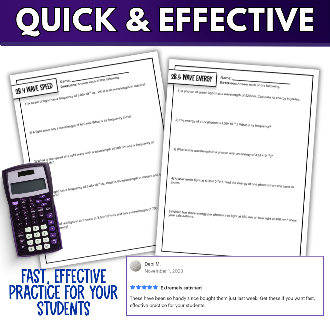 Light Waves Quick Practice Worksheets, Chemistry Homework or Classwork