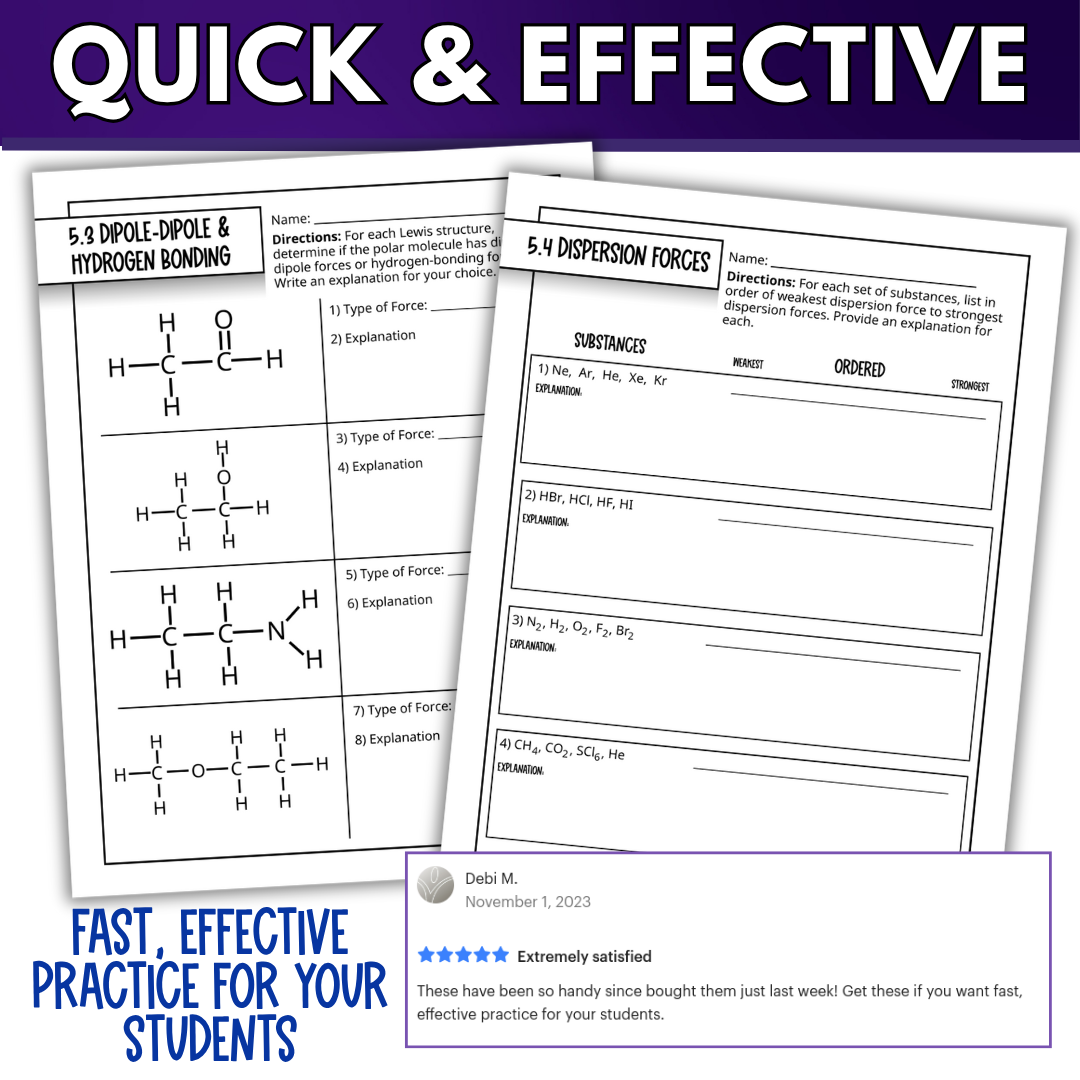 Intermolecular Forces Quick Practice Worksheets, Homework, Classwork, Review