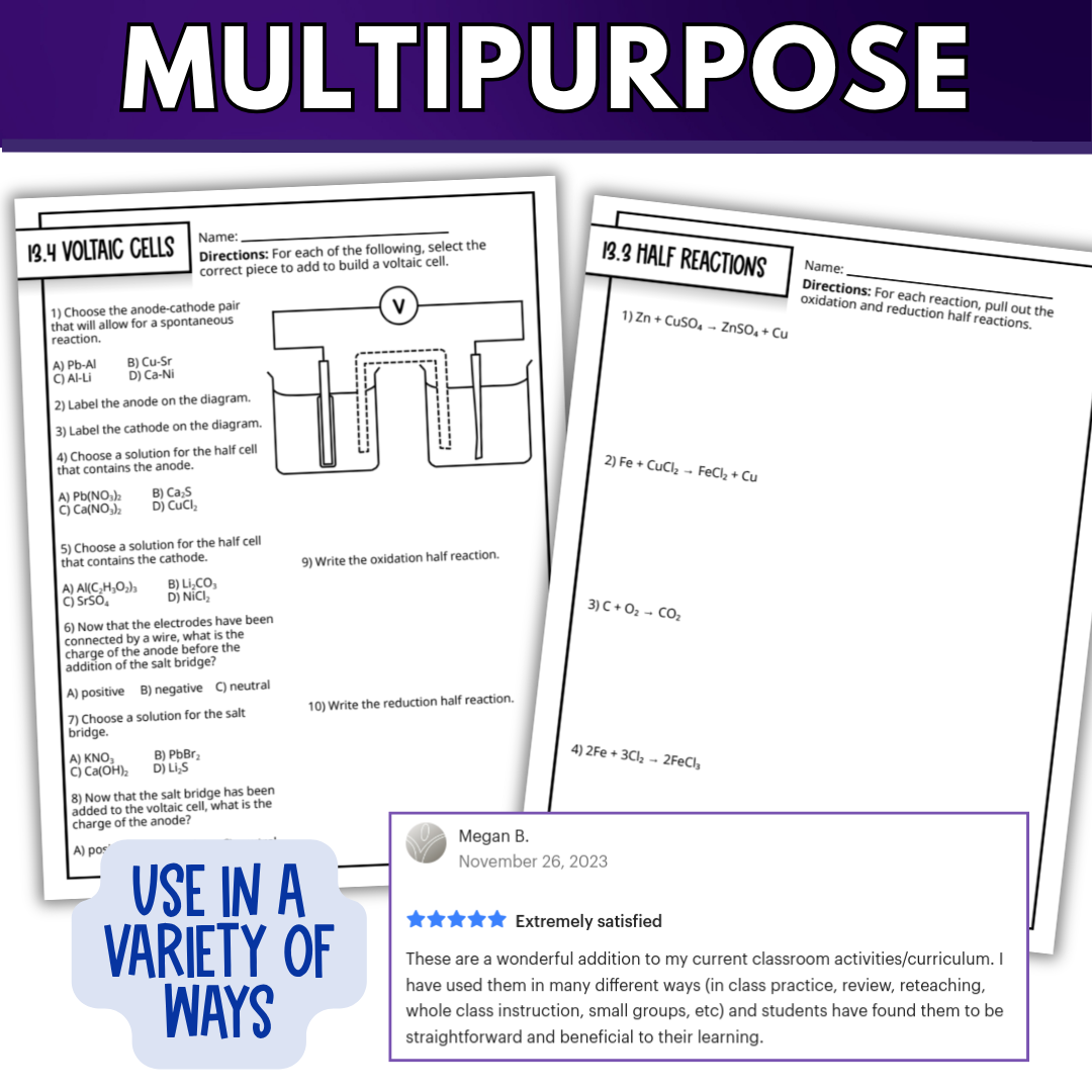 Redox Electrochemical Cells Quick Practice Worksheets, Oxidation Numbers