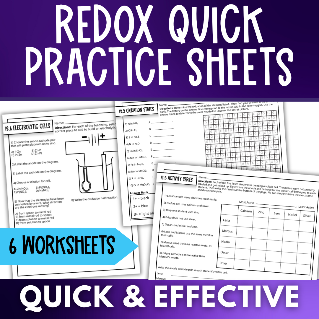 Redox Electrochemical Cells Quick Practice Worksheets, Oxidation Numbers