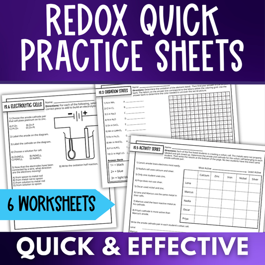 Redox Electrochemical Cells Quick Practice Worksheets, Oxidation Numbers