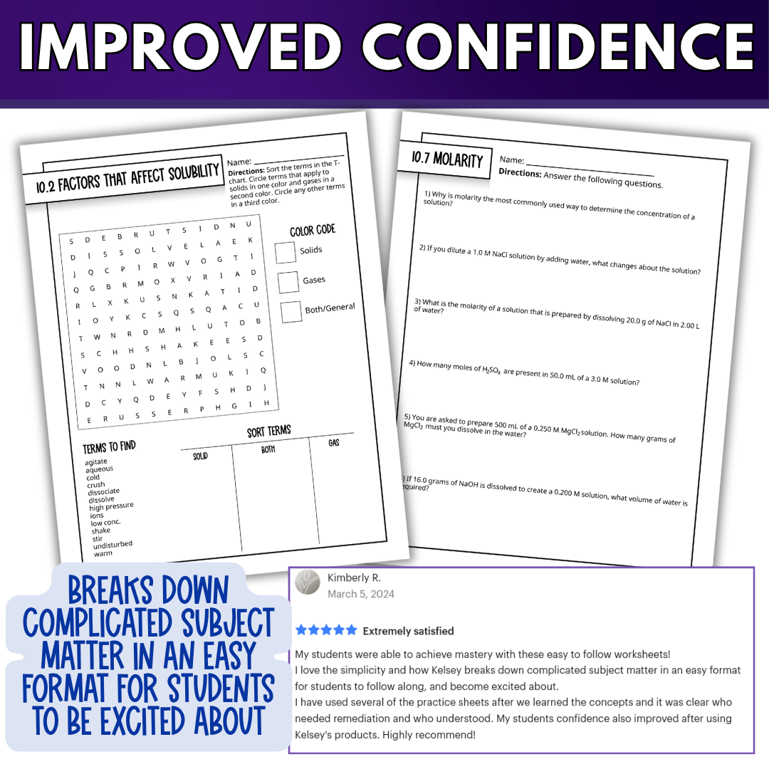 Chemistry of Solutions Quick Practice Worksheets, Homework, Classwork