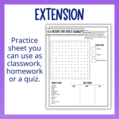 Chemistry of Solutions Guided Notes Unit with Worksheets, Tests and Vocabulary