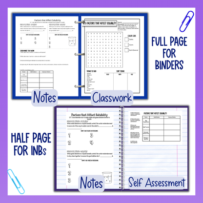 Chemistry of Solutions Guided Notes Unit with Worksheets, Tests and Vocabulary