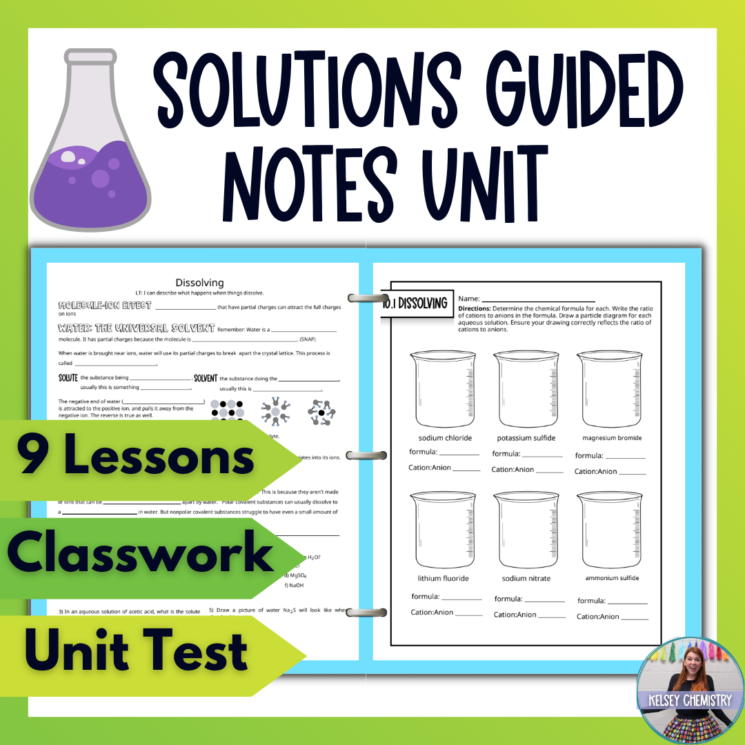 Chemistry of Solutions Guided Notes Unit with Worksheets, Tests and Vocabulary