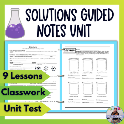 Chemistry of Solutions Guided Notes Unit with Worksheets, Tests and Vocabulary