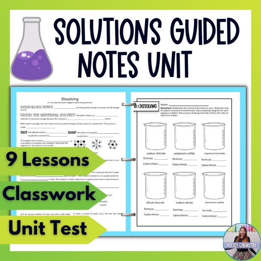 Chemistry of Solutions Guided Notes Unit with Worksheets, Tests and Vocabulary
