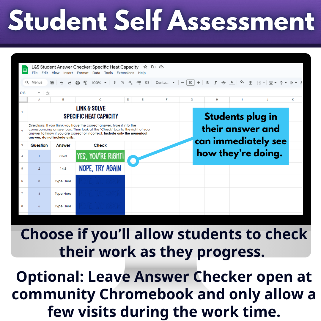 Self Checking Specific Heat Capacity Problem Solving Worksheet Link & Solve